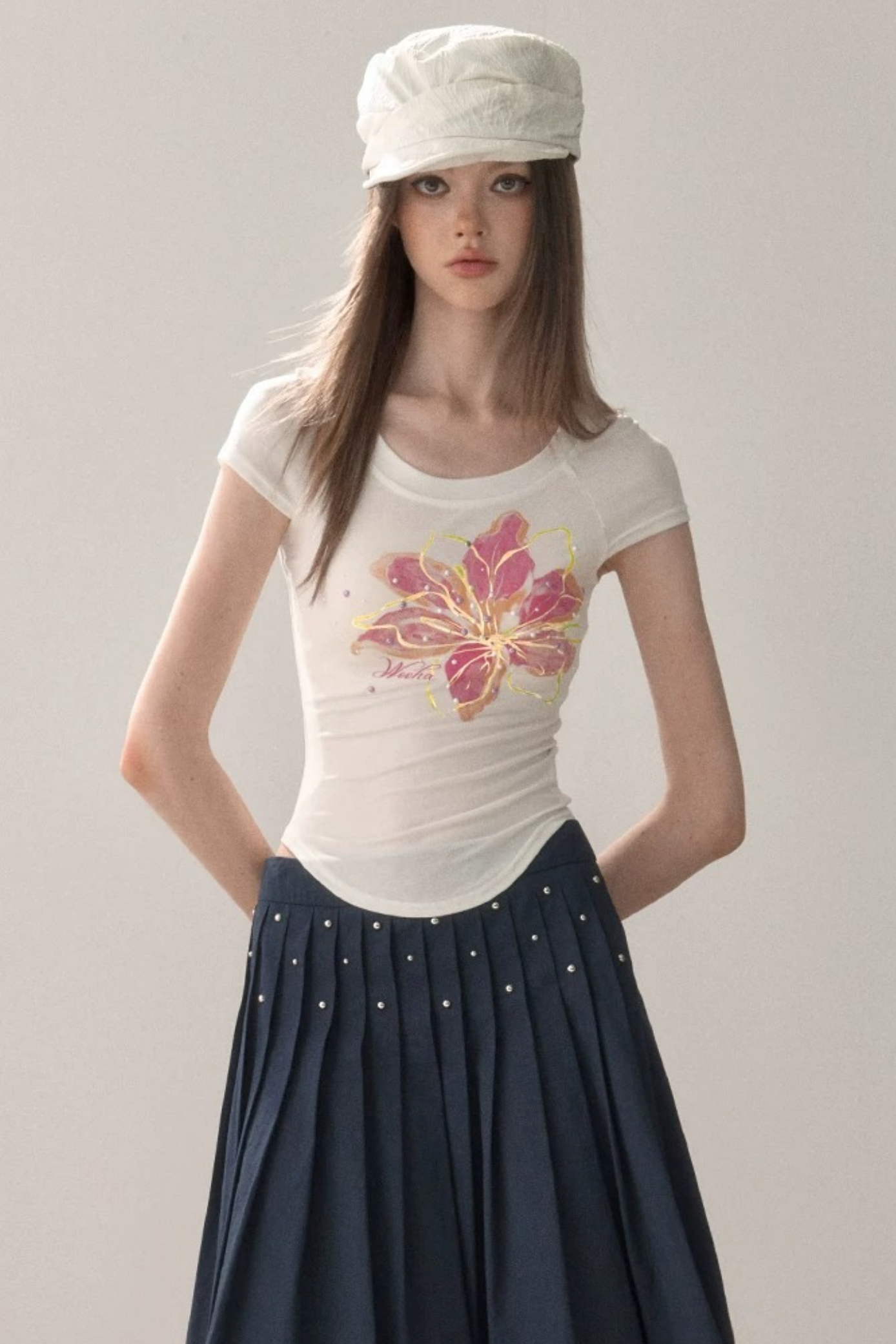 Curved Hem Printed Blouse