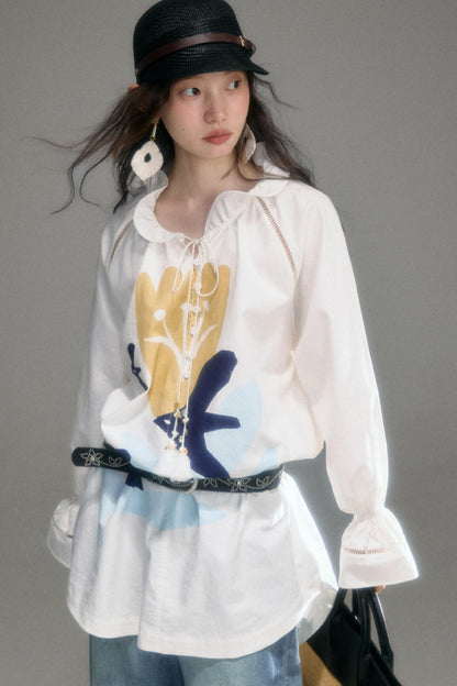 Tulip Bird Print Wood Ear Collar Long Top