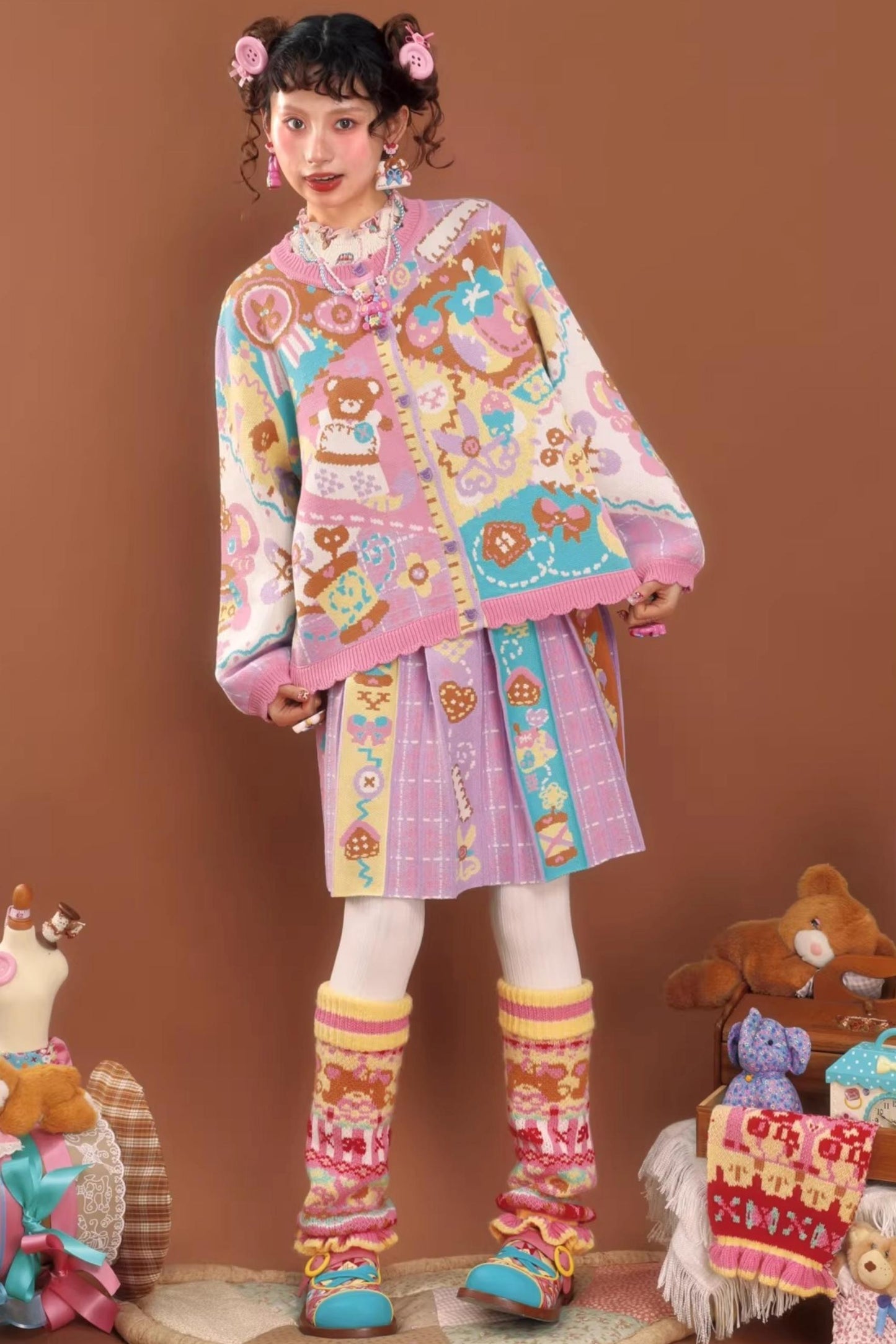 Pink and Purple Plaid Knitted Skirt