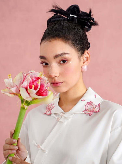 Lotus Flower Embroidery Chinese Blouse