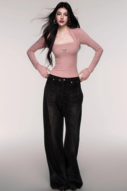 Washed High-Waisted Wide-Leg Jeans