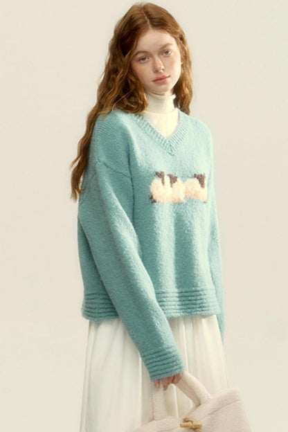 Textured Striped Mohair V-Neck Sweater