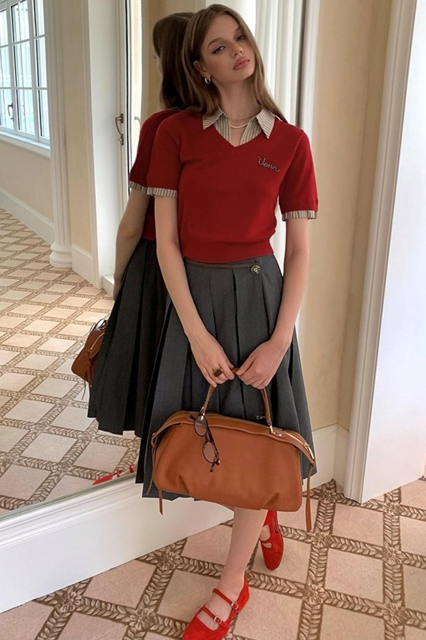 Embroidered Striped Collar Fake Two Piece T-Shirt