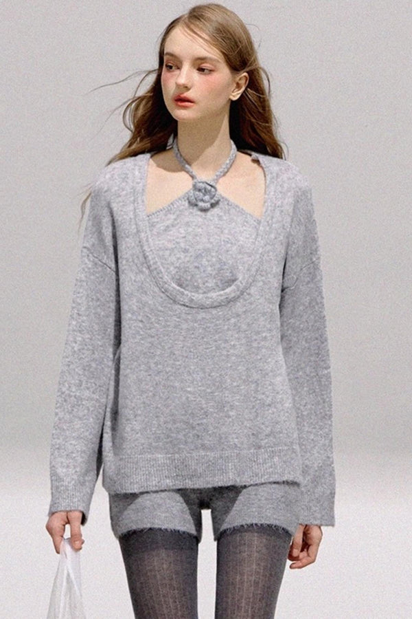 Three-Dimensional Flower U-Neck Sweater Set-Up