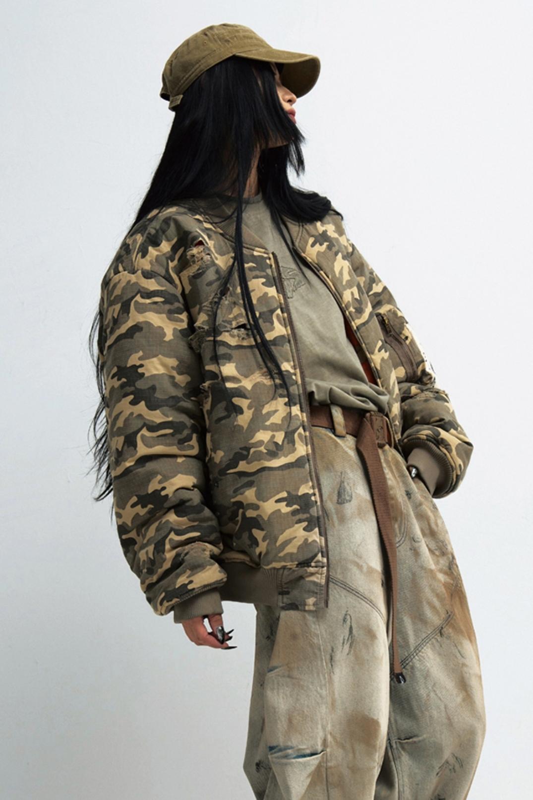 Punk Camouflage Ripped Flight Jacket