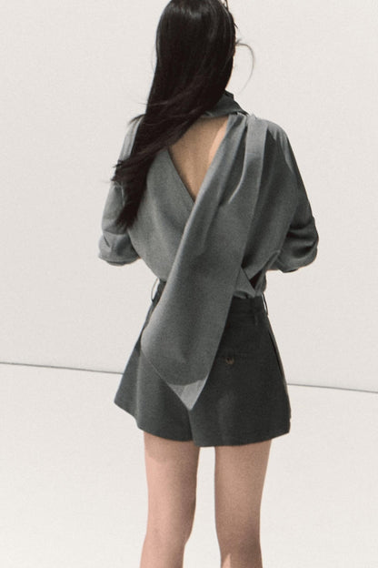 Intelligence Streamer Shoulder Padded Backless Top Shorts Set- Up