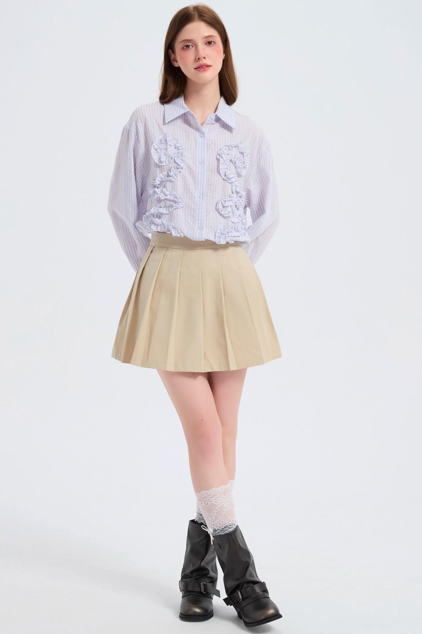 Autumn Floral Striped Ruffle Shirt