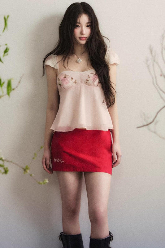 Beige Pink Beaded Embroidered Chiffon Top