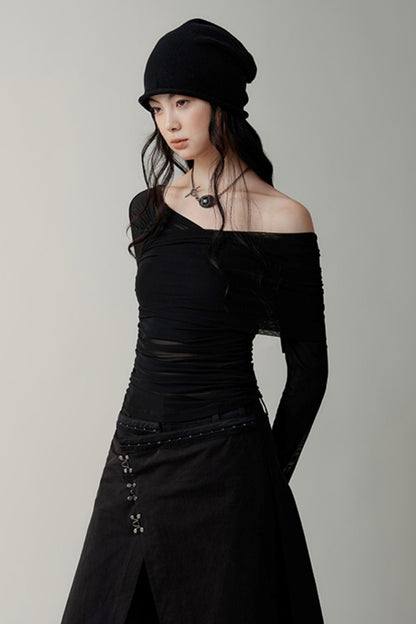 Asymmetrical Sheer Mesh Pleated T-Shirt