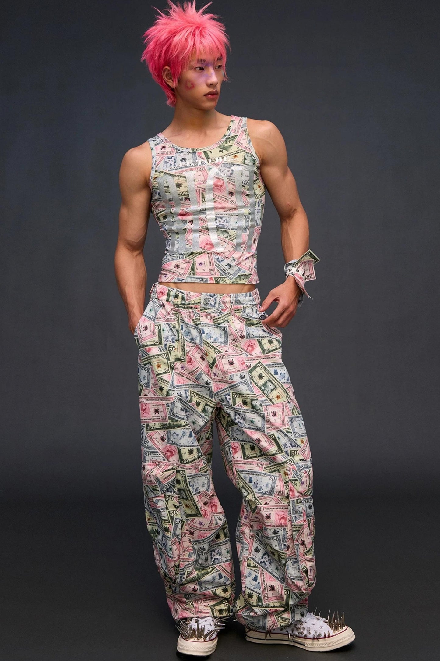 Money Print Wide-Leg Pants