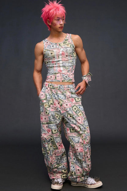 Money Print Wide-Leg Pants