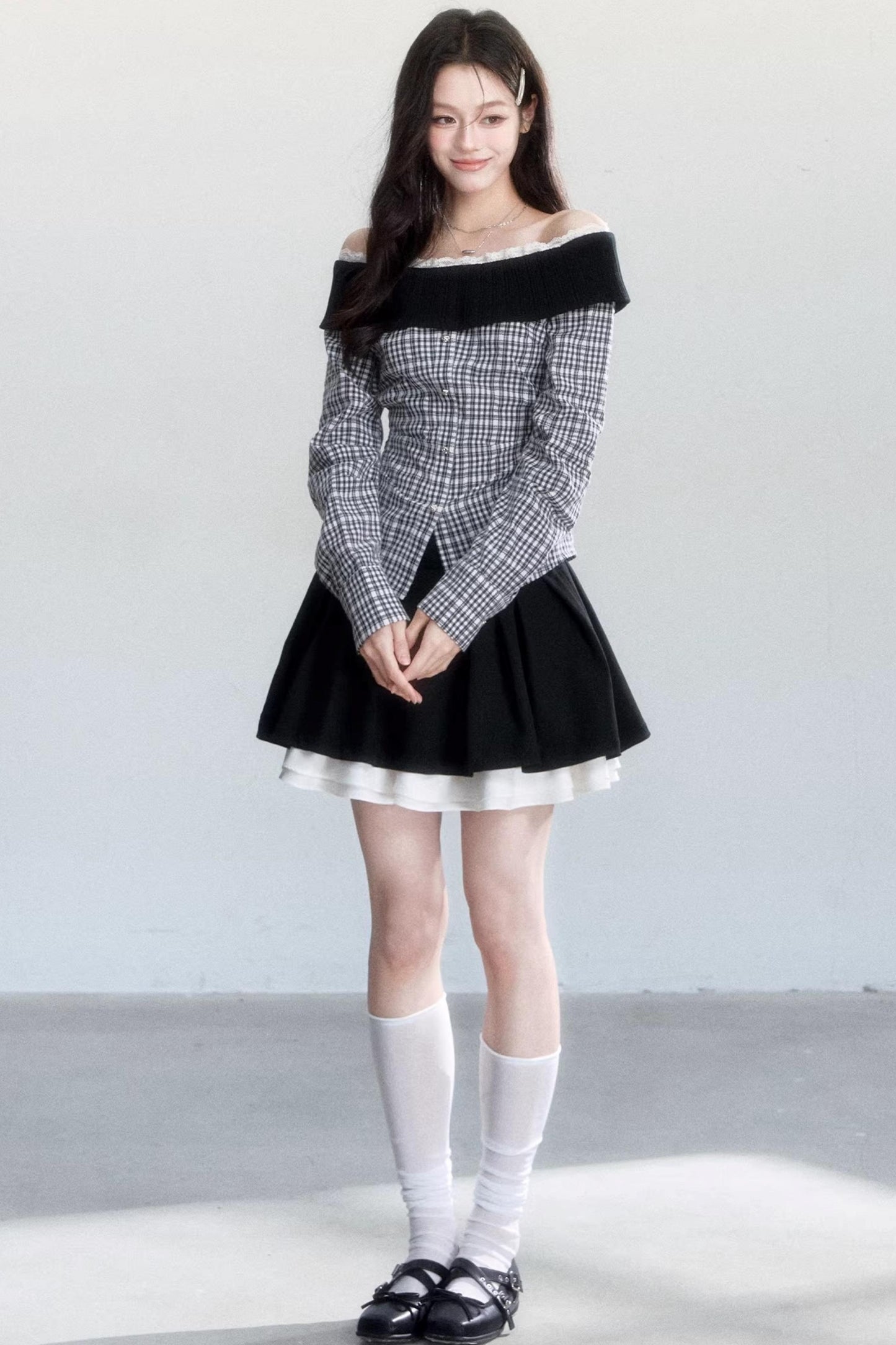 Plaid Off-Shoulder Slim Fit Shirt