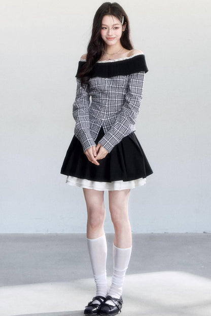 Plaid Off-Shoulder Slim Fit Shirt