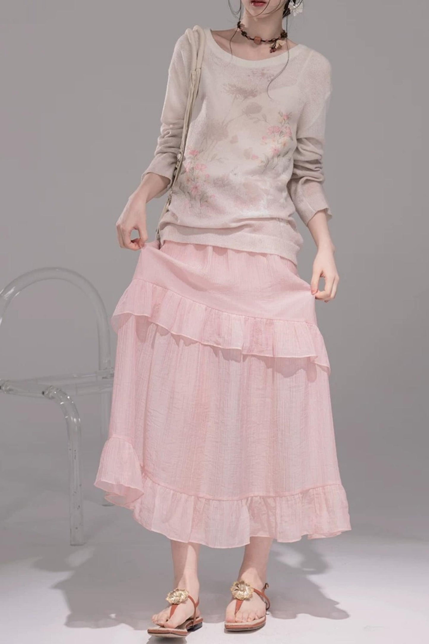 Pink Khaki Gradient Knit Blouse