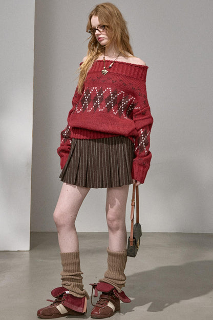 Thick Knit Argyle Off-Shoulder Top