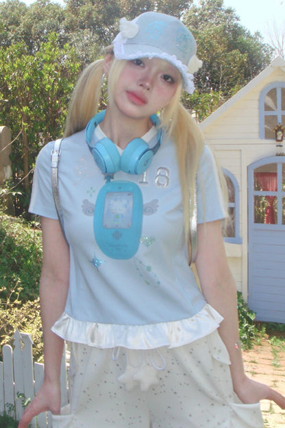 Blue Ruffle V-Neck Tee