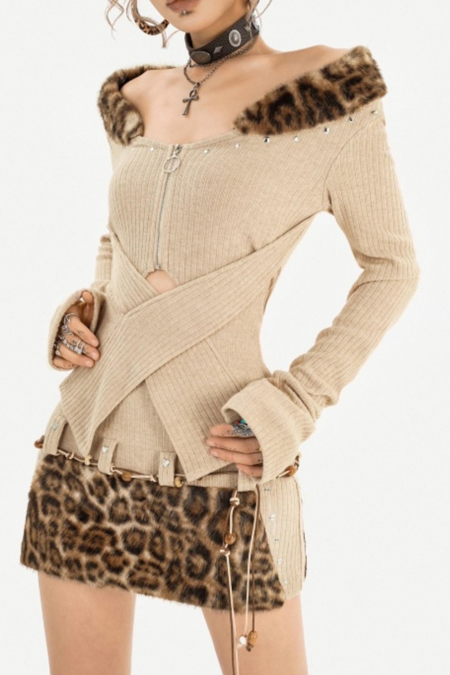 Retro Fur Collar Knit Top Set-Up