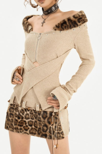 Retro Fur Collar Knit Top Set-Up