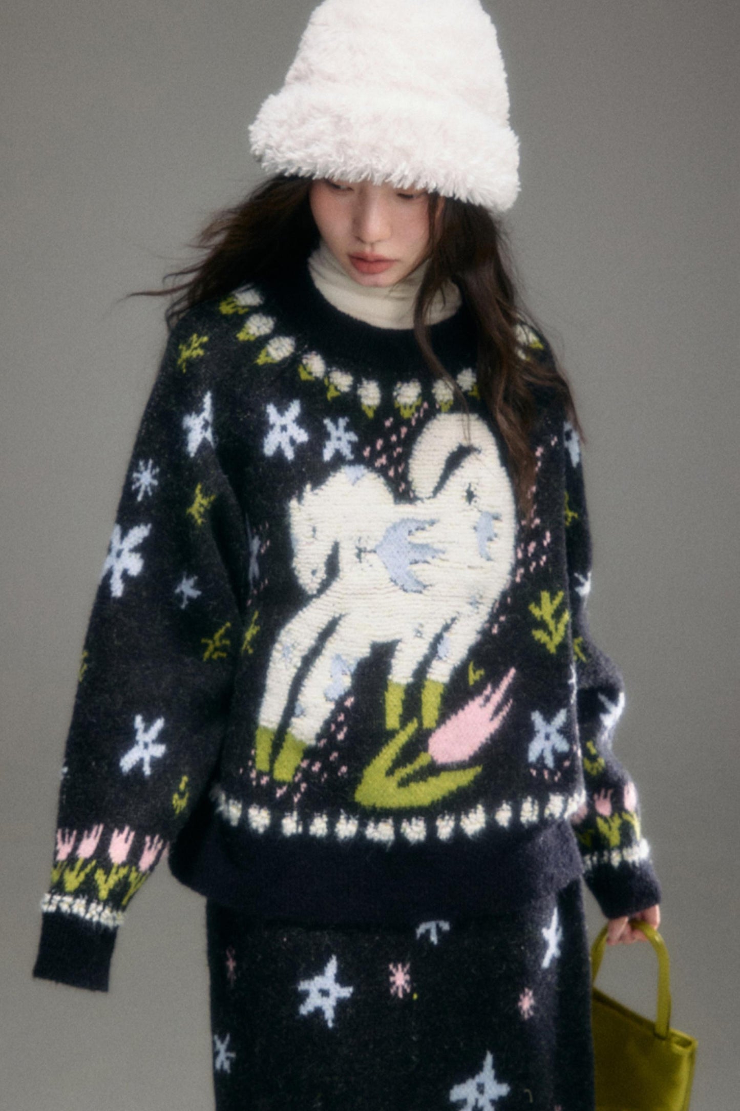 Animal Jacquard Wool Top & Skirt Set-Up