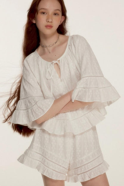 Noisy Flowers Embroidered Shirt Shorts Set-Up