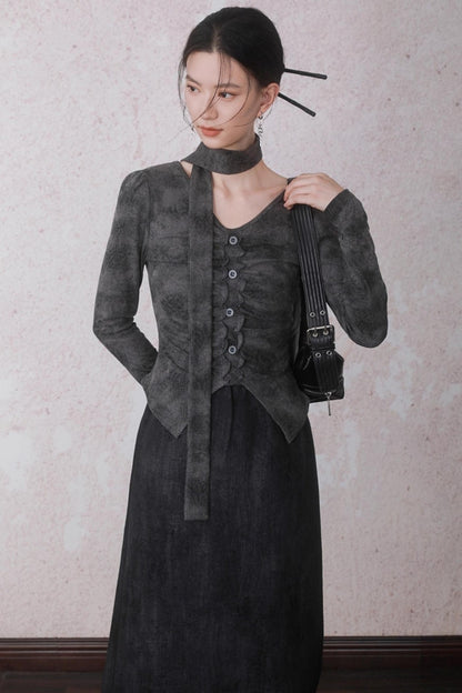 Autumn Gray Tie-dye Knitted V-Neck T-Shirt