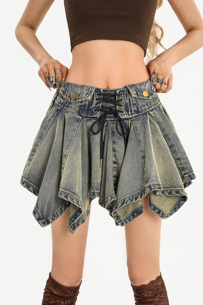 Retro Denim Pleated Skirt