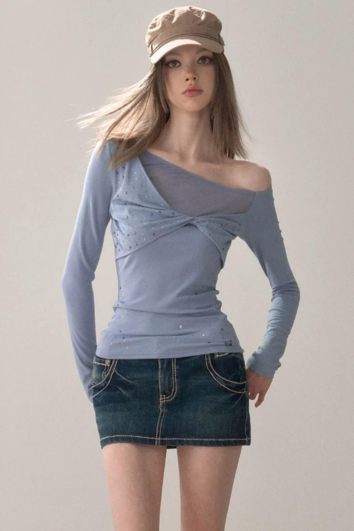 Rhinestone Twist Slim Blouse
