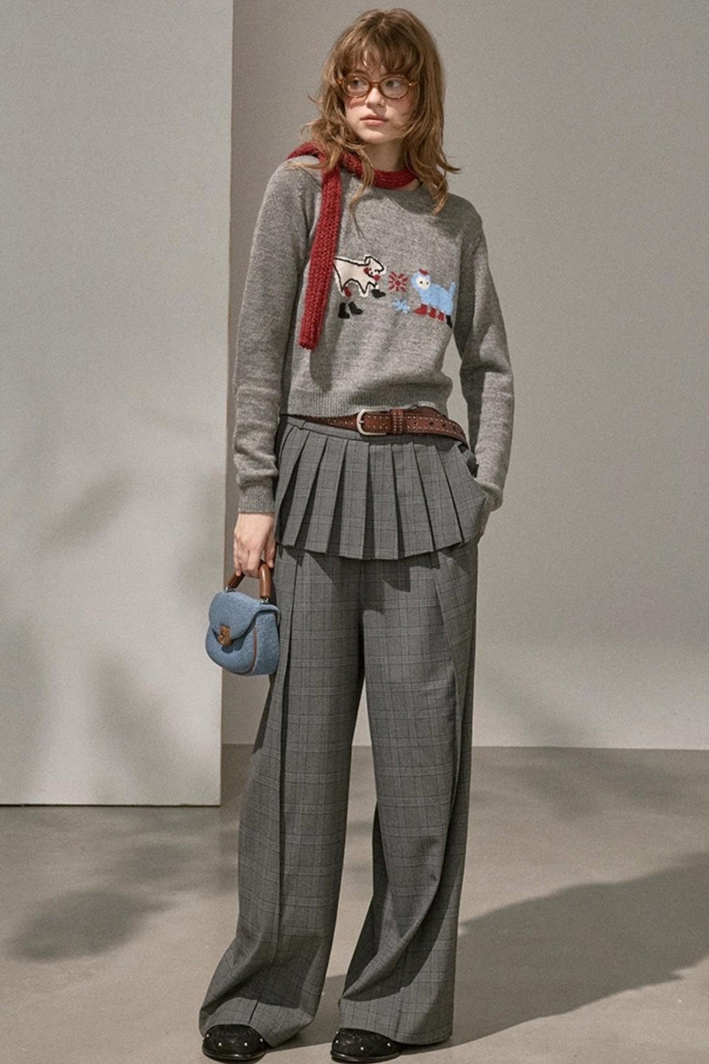 Kitten And Puppy Embroidered Wool Blend Knit Sweater