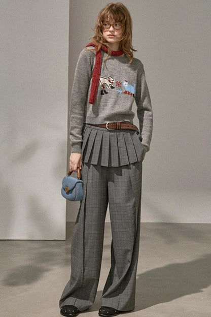 Kitten And Puppy Embroidered Wool Blend Knit Sweater