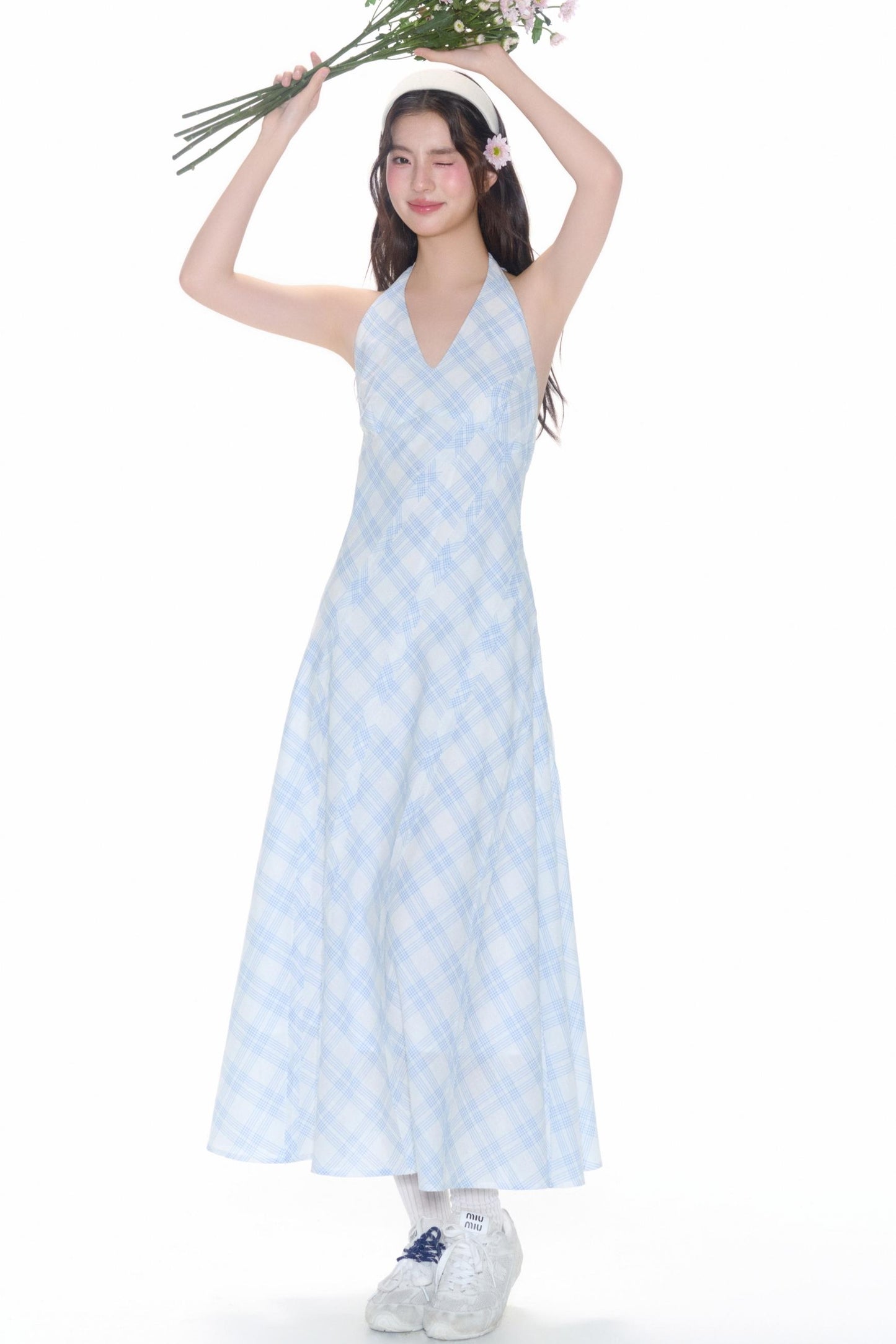 Plaid V-Neck Flutter Maxi Dress