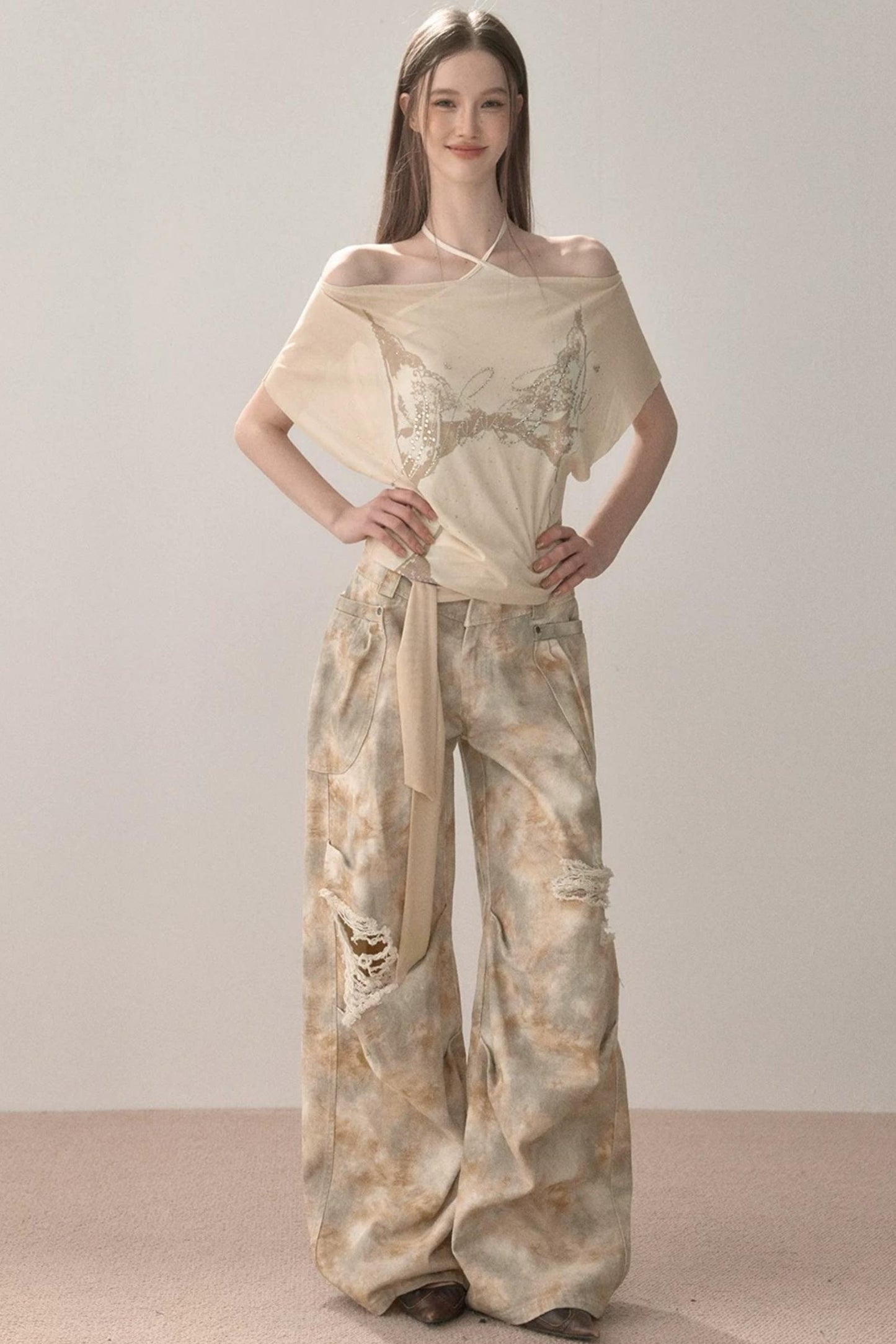 Gradient Wide-Leg Ripped Pants