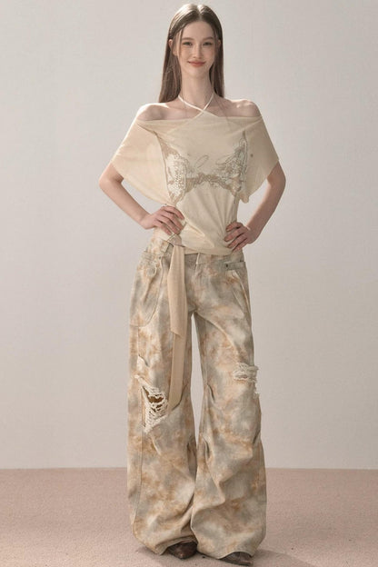 Gradient Wide-Leg Ripped Pants