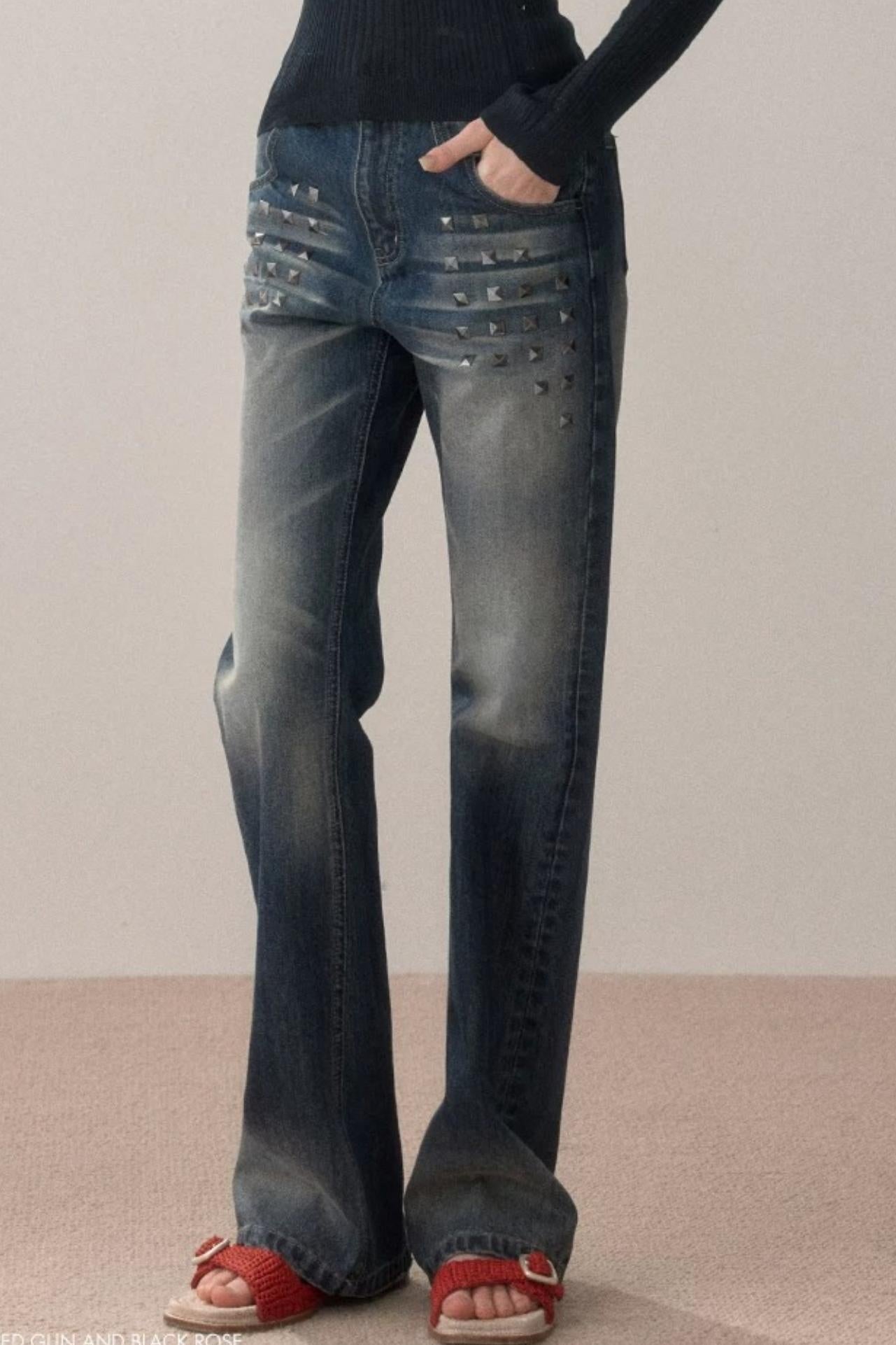 Retro Studded Rhinestone Jeans