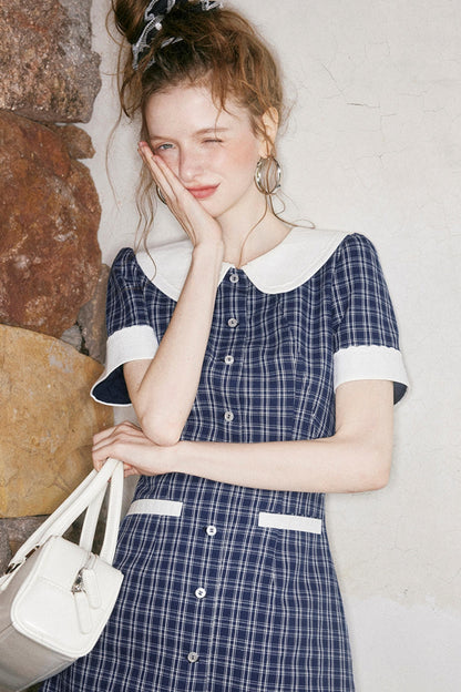 Navy A-Line Doll Neck Dress