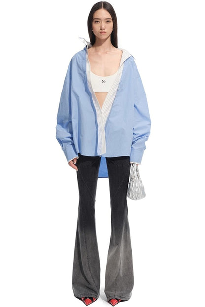 탄력 있는 스트라이프 라펠 셔츠