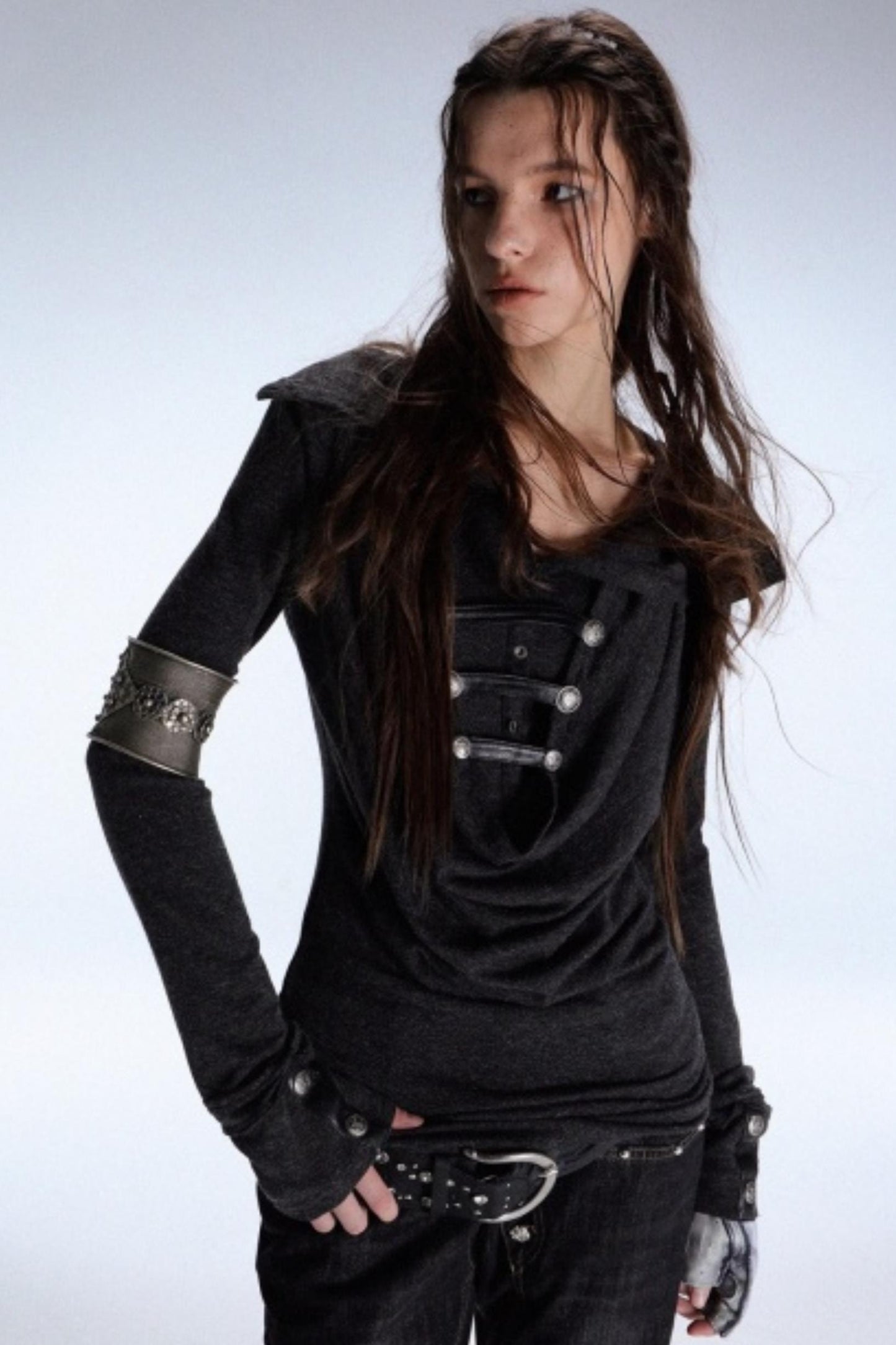 Hooded Metal Buckle Knit Top