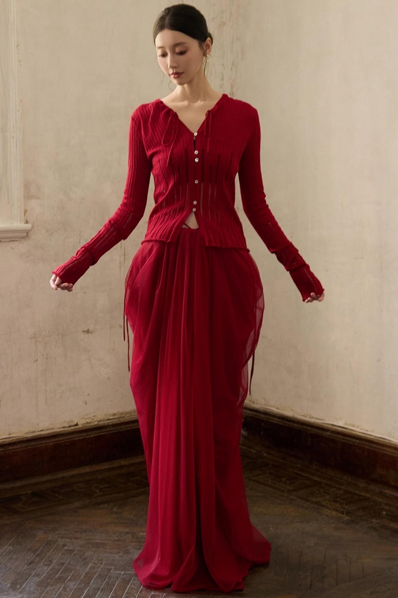 Autumn Red Knitted Cardigan