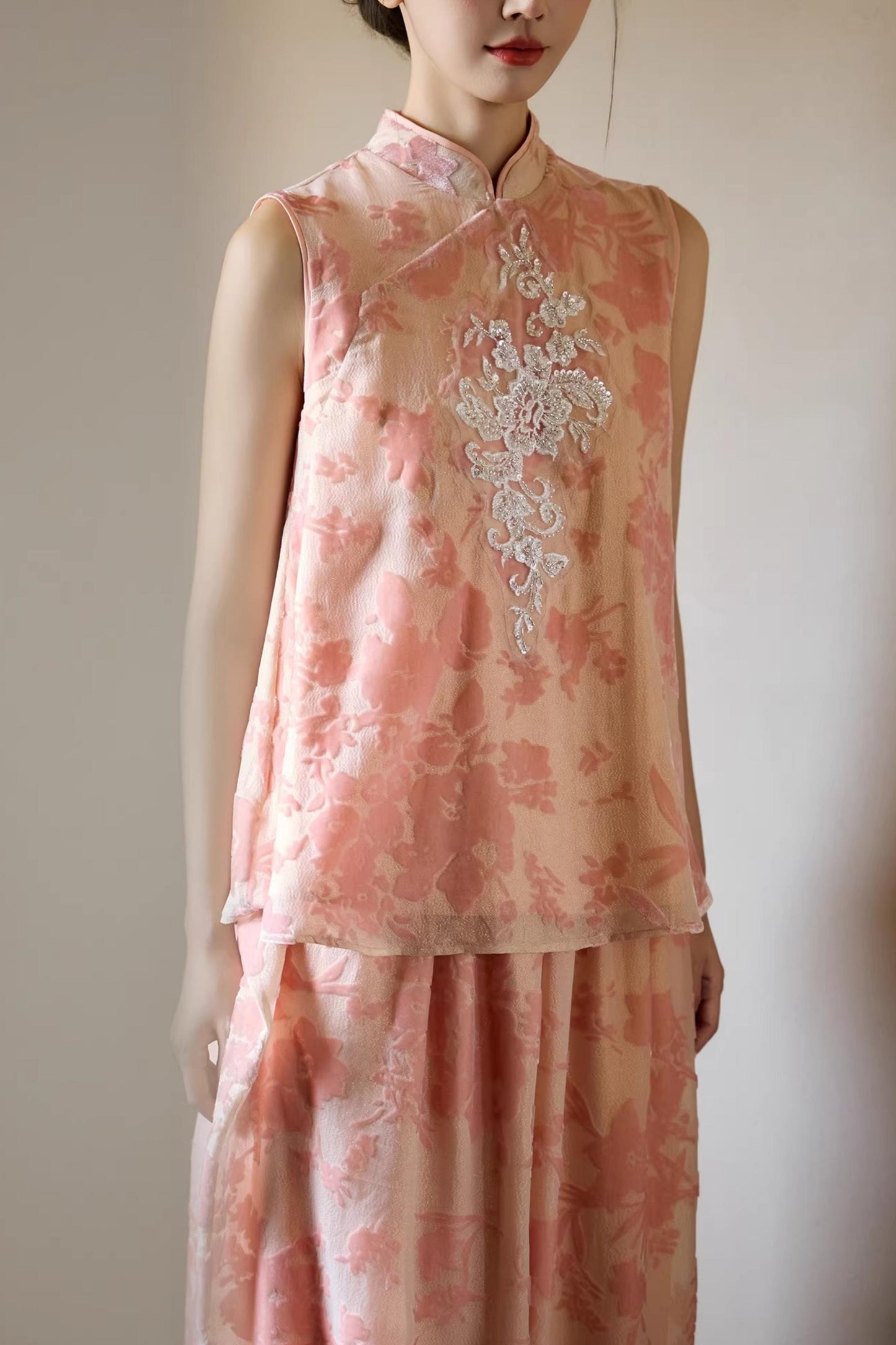 Embroidered Pink Cheongsam Skirt Set-Up