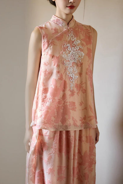 Embroidered Pink Cheongsam Skirt Set-Up