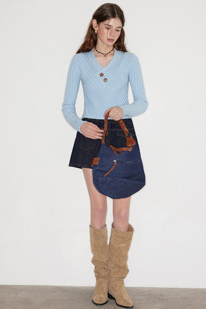 Twill Twist V-Neck Top