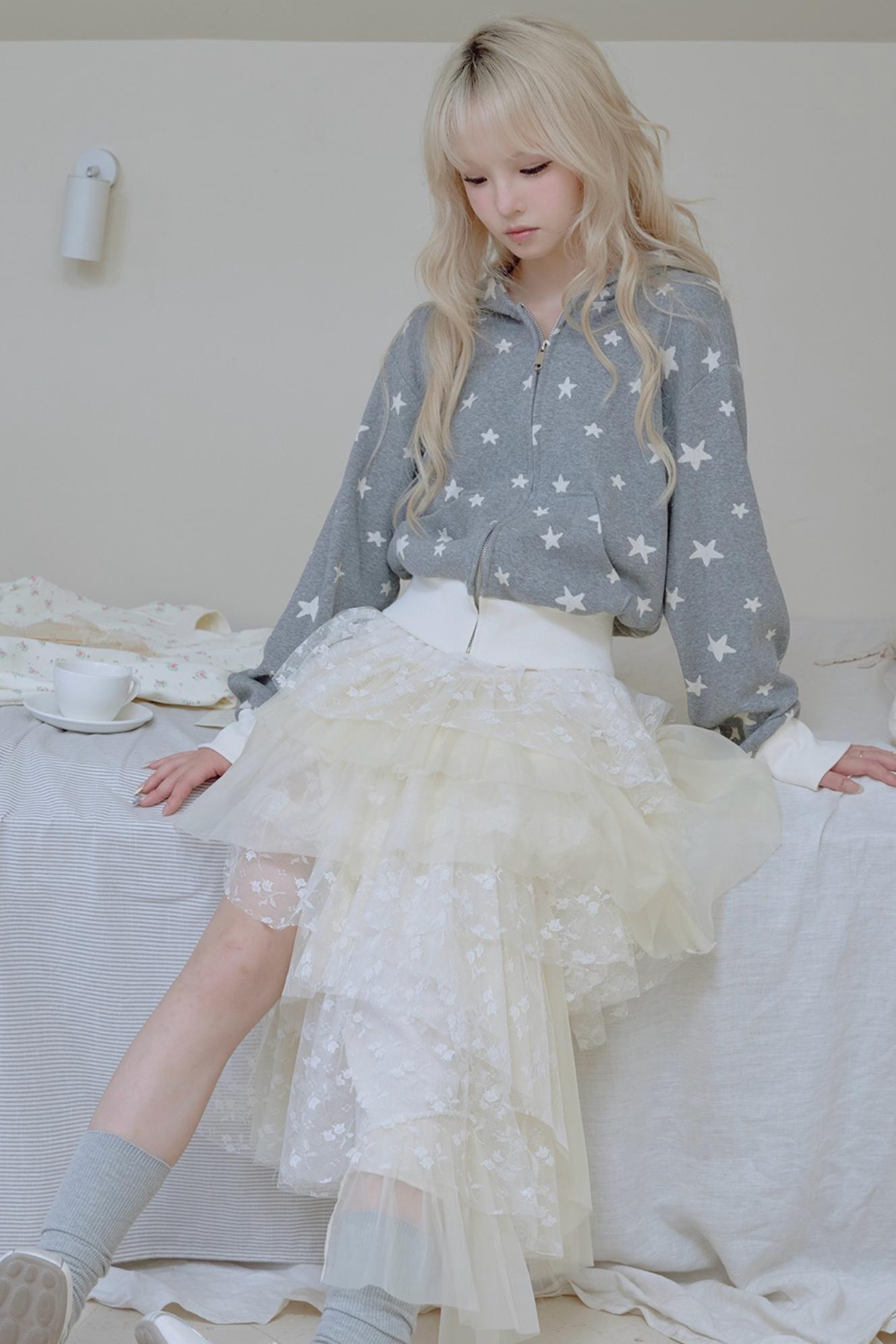 Beige Lace Patchwork Chiffon Skirt
