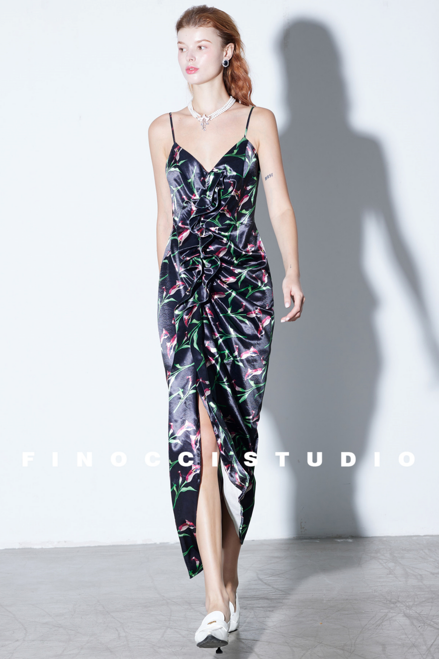 Hand-Painted Calla Lily Satin Dress