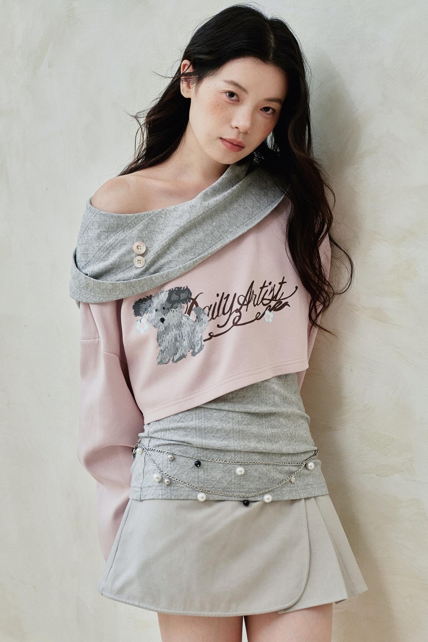Pink Gray Fake Two Piece Hooded Top