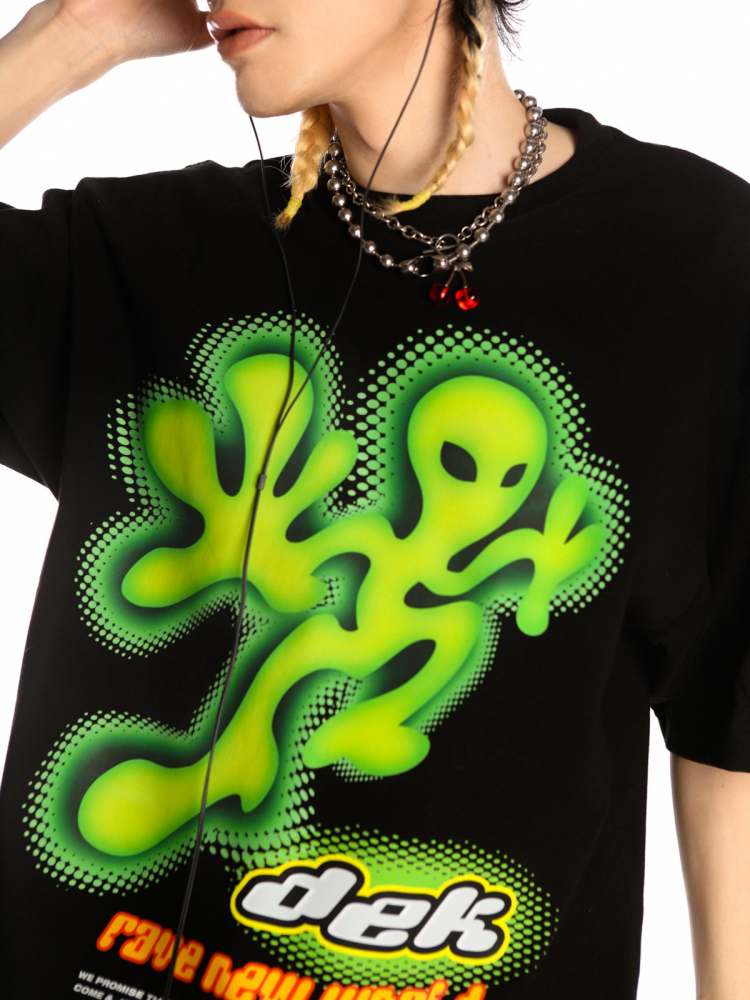 Alien Print Round Neck Loose T-Shirt