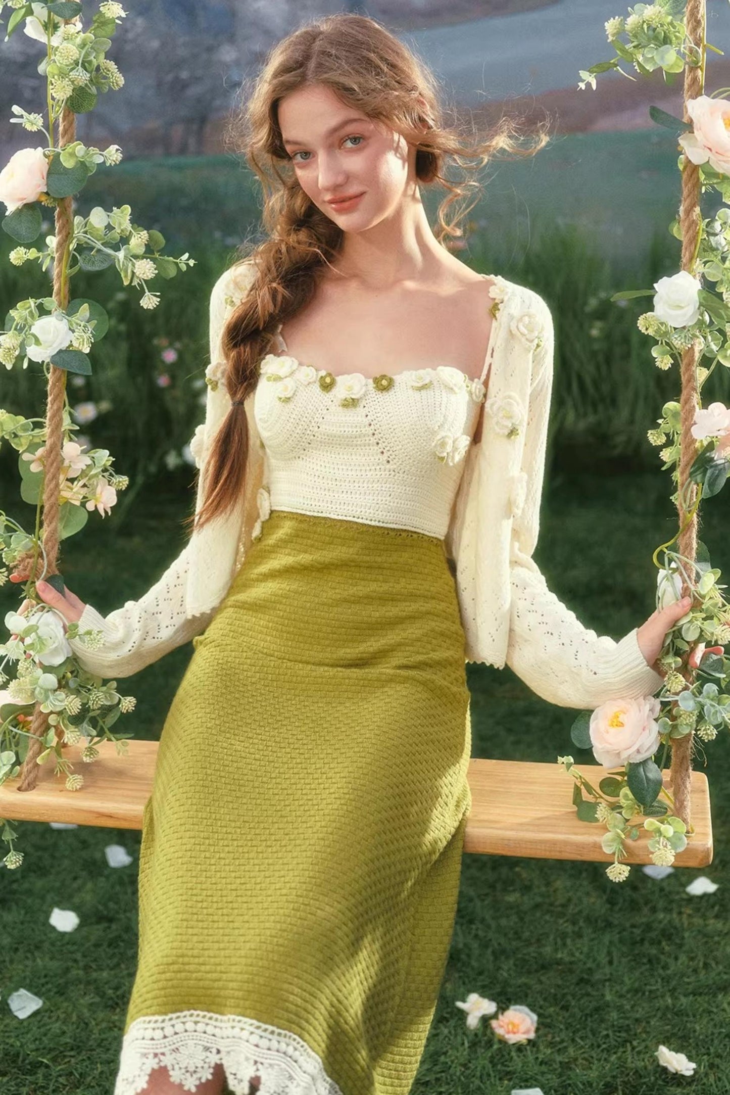 French Pastoral Knit Camisole Dress Set-Up