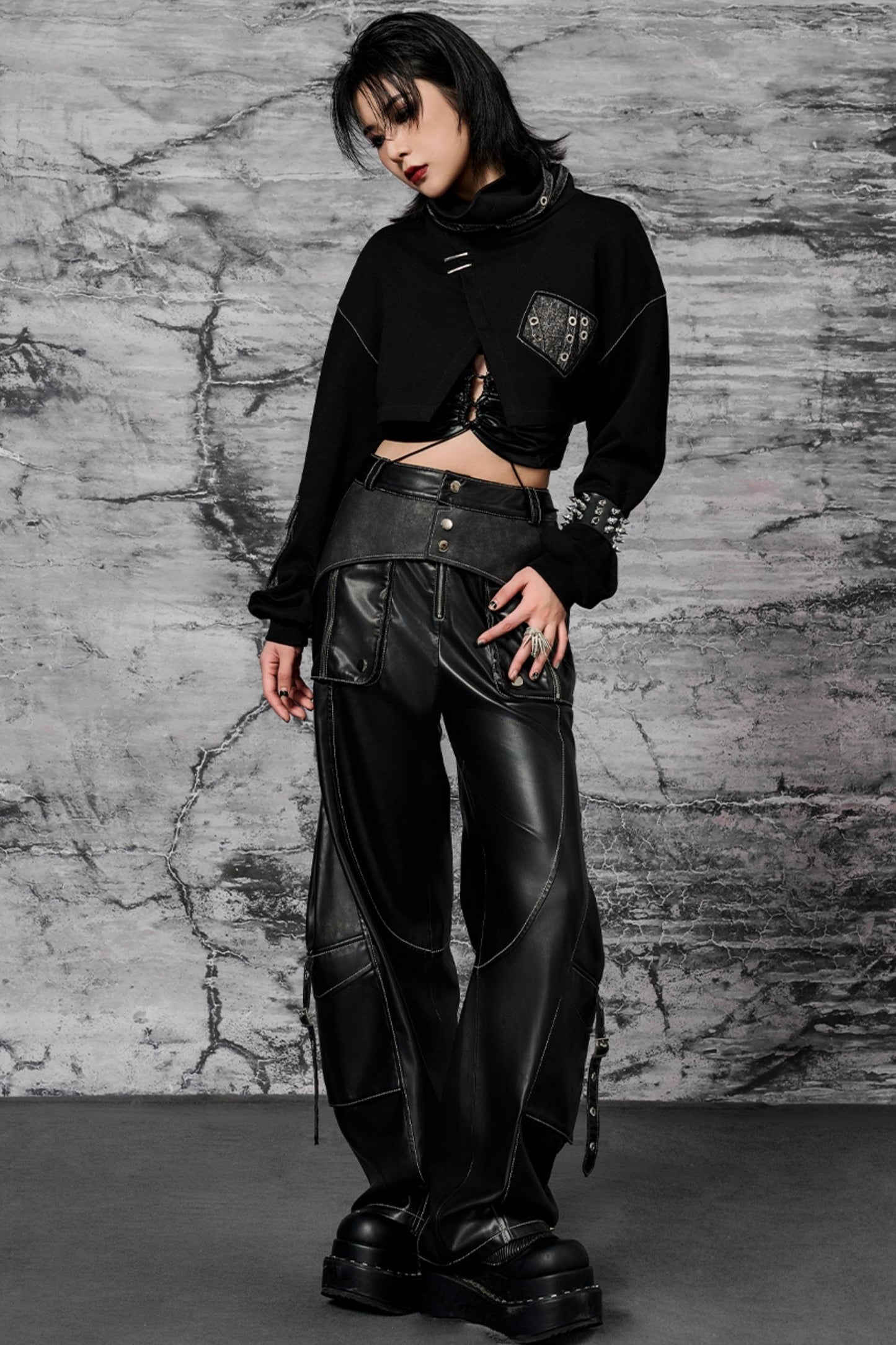 Metallic Trim Leather Pants