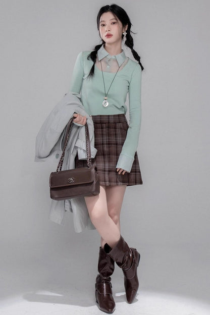 British Style Brushed Plaid With Belted Skirt