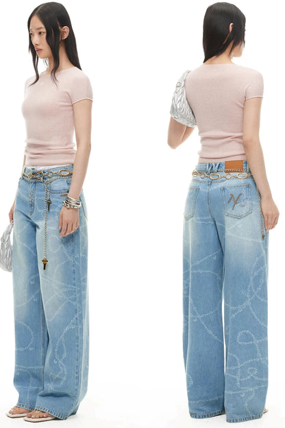 Washed Laser Print Denim Pants