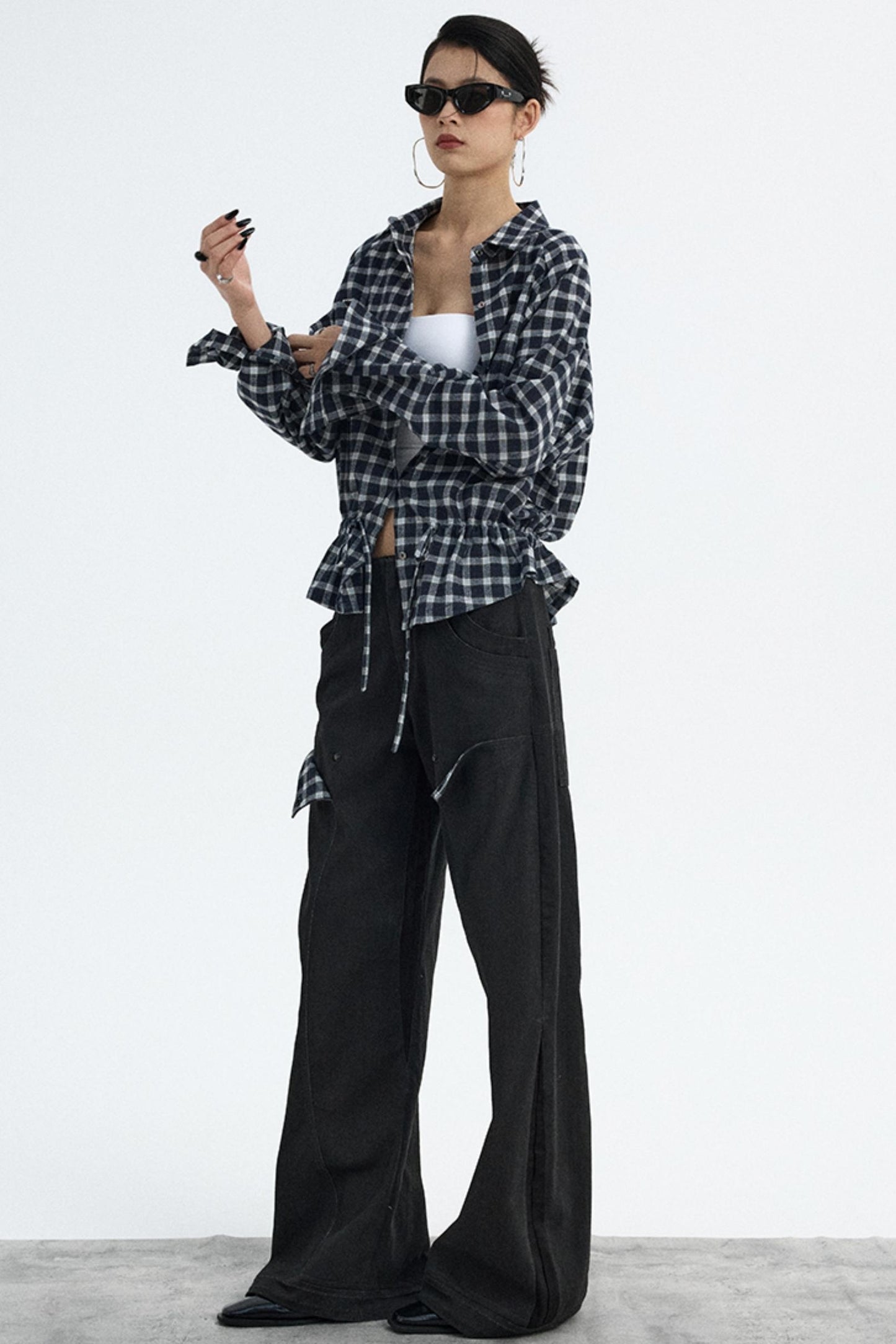 Navy Plaid Drawstring Top