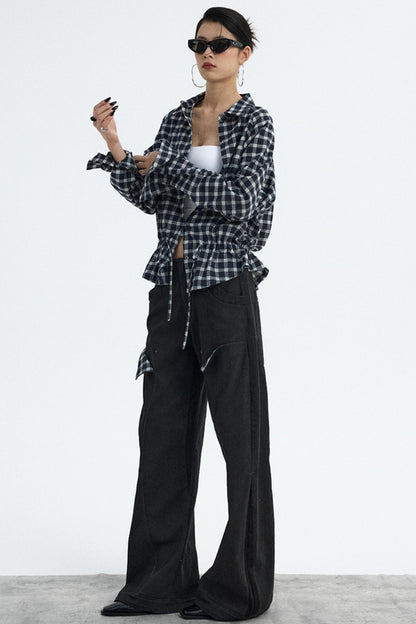 Navy Plaid Drawstring Top